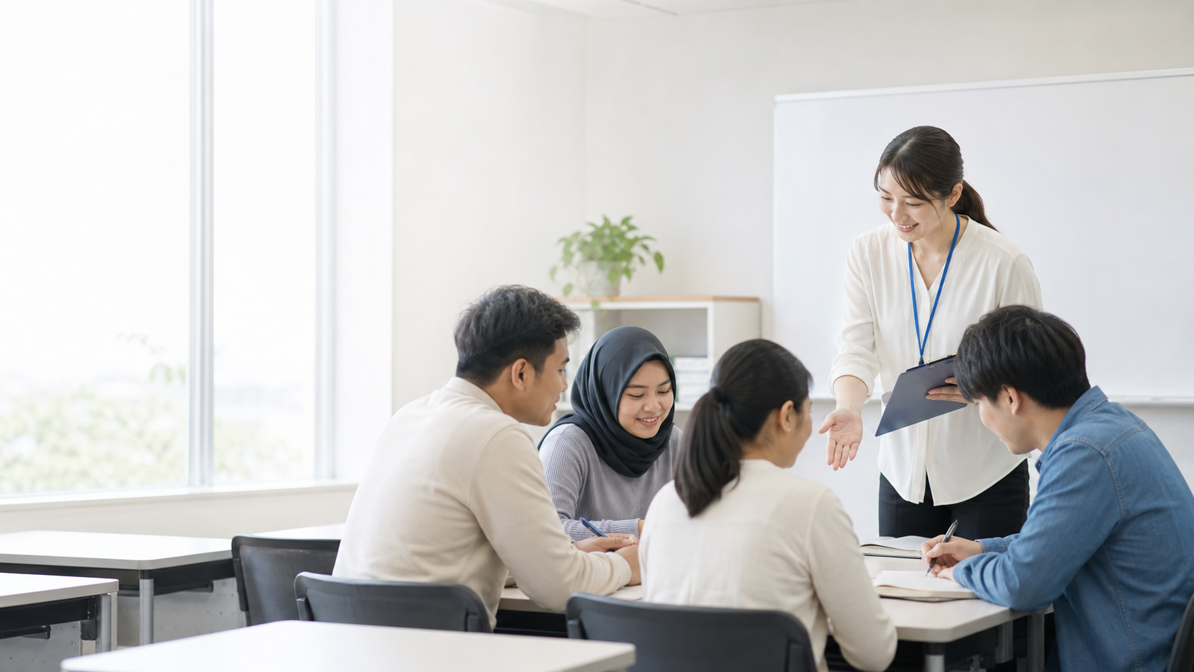 外国人材の受入れ支援について相談する企業担当者とスタッフ